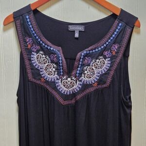 Luxology Dress Womens 1X Black Embroidered Sleeveless Swing Boho Casual